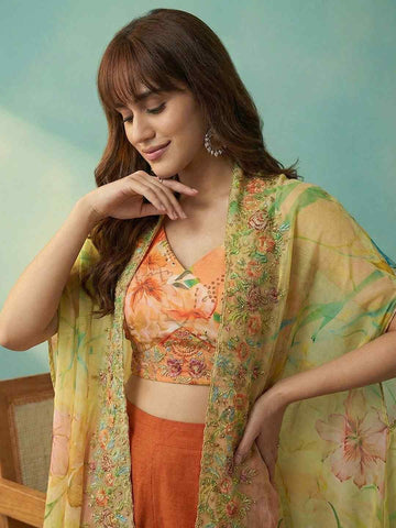 Rust Orange Floral Crop Top with Palazzo and Embroidered Cape Set