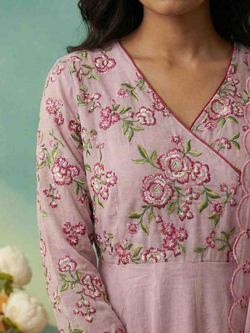 Elegant Blush Pink Embroidered Anarkali Suit Set with Scalloped Dupatta