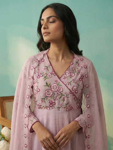 Elegant Blush Pink Embroidered Anarkali Suit Set with Scalloped Dupatta