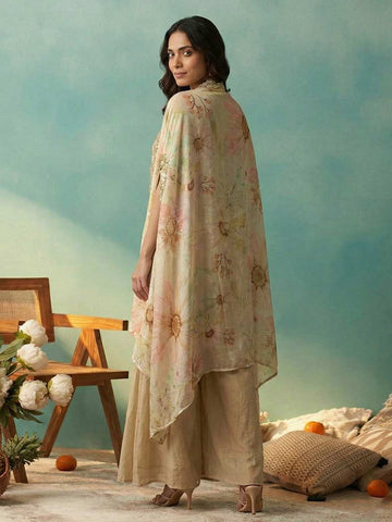 Pastel Beige Floral Crop Top with Palazzo and Embroidered Cape Set