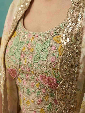 Pastel Beige Floral Crop Top with Palazzo and Embroidered Cape Set