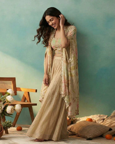 Pastel Beige Floral Crop Top with Palazzo and Embroidered Cape Set