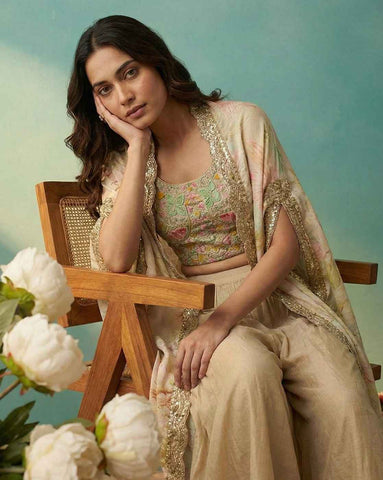 Pastel Beige Floral Crop Top with Palazzo and Embroidered Cape Set