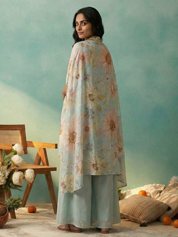 Pastel Blue Floral Crop Top with Palazzo and Embroidered Cape Set