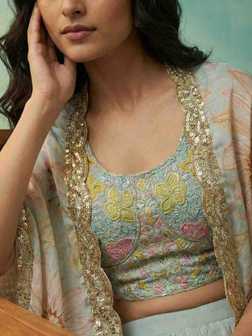 Pastel Blue Floral Crop Top with Palazzo and Embroidered Cape Set