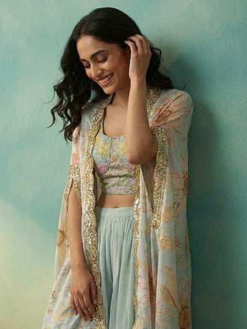 Pastel Blue Floral Crop Top with Palazzo and Embroidered Cape Set