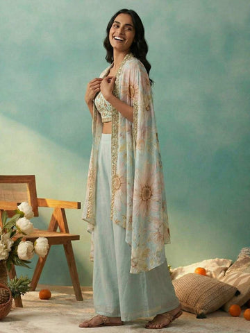 Pastel Blue Floral Crop Top with Palazzo and Embroidered Cape Set