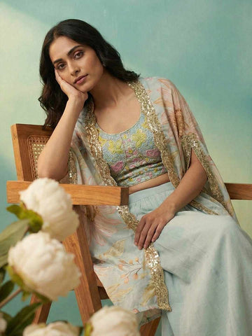 Pastel Blue Floral Crop Top with Palazzo and Embroidered Cape Set