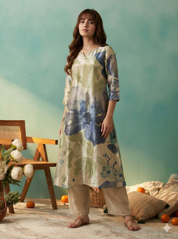 Beige Floral Print A-Line Kurta and Trouser Set