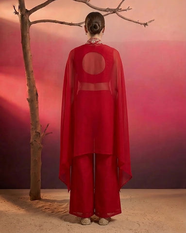 Deep Red Embroidered Crop Top with Palazzo and Cape Set