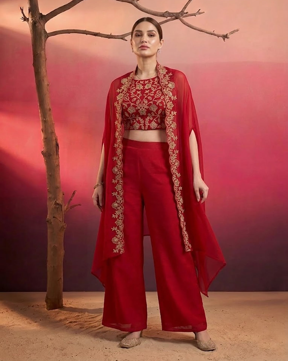 Deep Red Embroidered Crop Top with Palazzo and Cape Set