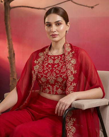 Deep Red Embroidered Crop Top with Palazzo and Cape Set
