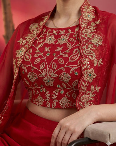 Deep Red Embroidered Crop Top with Palazzo and Cape Set
