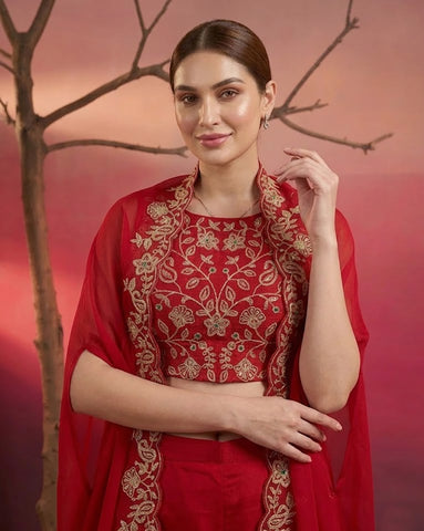 Deep Red Embroidered Crop Top with Palazzo and Cape Set