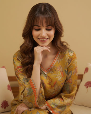 Yellow Floral Print Kurta and Trouser Set