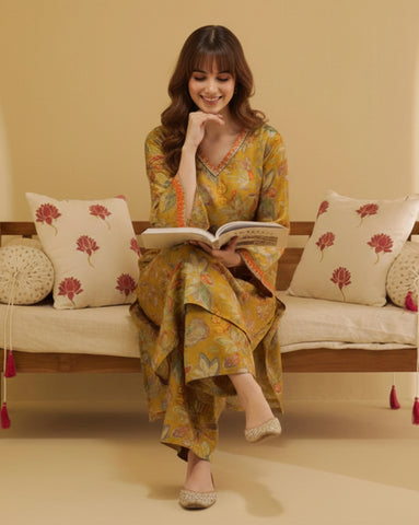Yellow Floral Print Kurta and Trouser Set