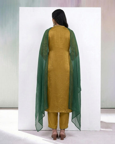 Mustard Gold Silk Kurta Set with Emerald Green Dupatta