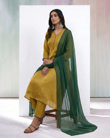 Mustard Gold Silk Kurta Set with Emerald Green Dupatta