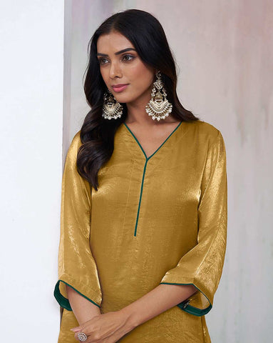 Mustard Gold Silk Kurta Set with Emerald Green Dupatta