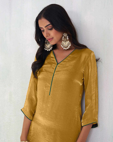 Mustard Gold Silk Kurta Set with Emerald Green Dupatta