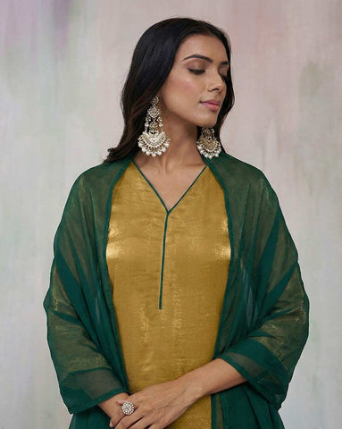 Mustard Gold Silk Kurta Set with Emerald Green Dupatta
