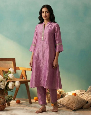 Lavender Embroidered A-Line Kurta and Trouser Set