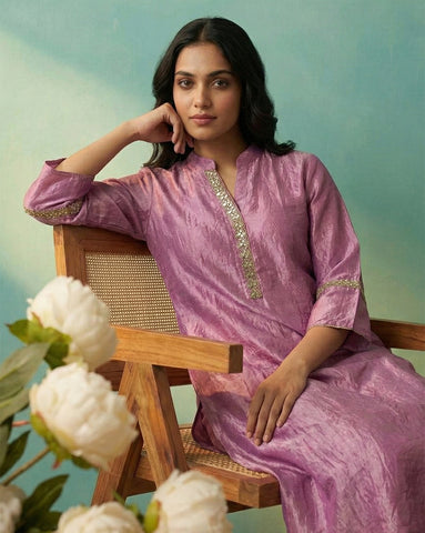 Lavender Embroidered A-Line Kurta and Trouser Set