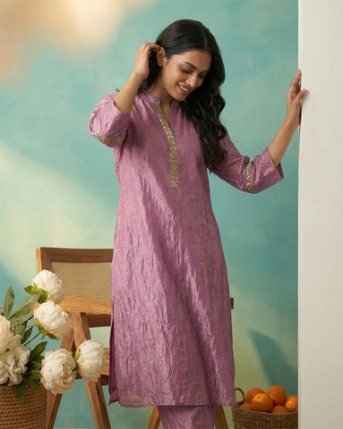 Lavender Embroidered A-Line Kurta and Trouser Set