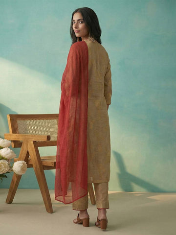 Elegant Metallic Gold Kurta Set with Crimson Red Dupatta