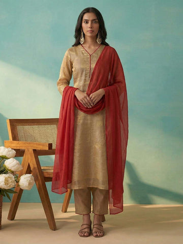 Elegant Metallic Gold Kurta Set with Crimson Red Dupatta