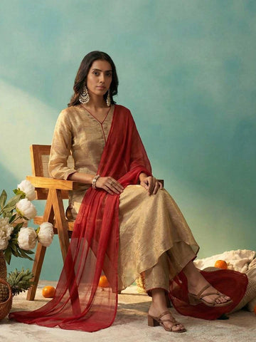Elegant Metallic Gold Kurta Set with Crimson Red Dupatta