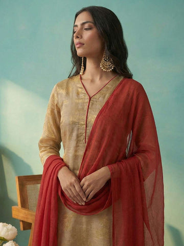 Elegant Metallic Gold Kurta Set with Crimson Red Dupatta
