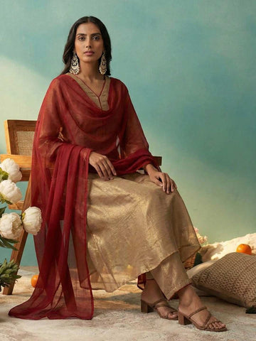 Elegant Metallic Gold Kurta Set with Crimson Red Dupatta