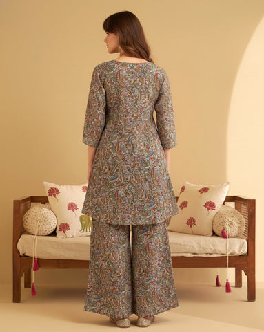Multicolor Paisley Print Short A-Line Kurta and Flared Palazzo Set
