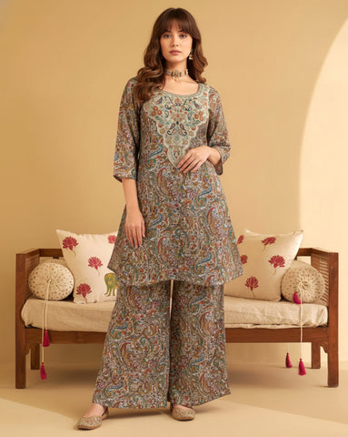 Multicolor Paisley Print Short A-Line Kurta and Flared Palazzo Set