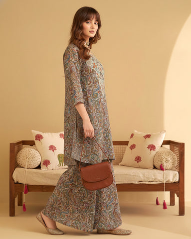 Multicolor Paisley Print Short A-Line Kurta and Flared Palazzo Set