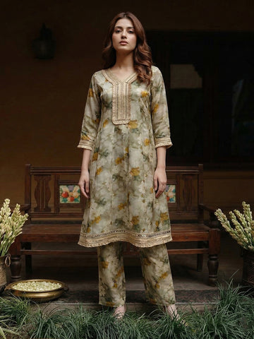 Sage Green Floral Print A-Line Kurta and Trouser Set