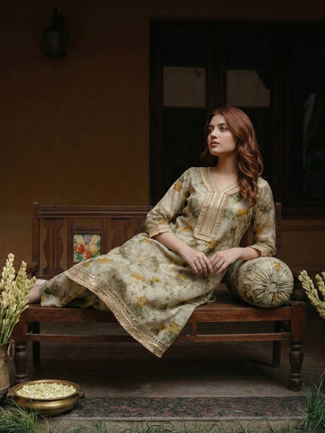 Sage Green Floral Print A-Line Kurta and Trouser Set