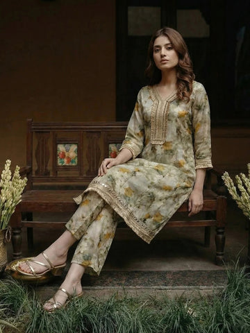 Sage Green Floral Print A-Line Kurta and Trouser Set