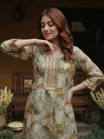 Sage Green Floral Print A-Line Kurta and Trouser Set