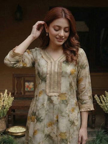 Sage Green Floral Print A-Line Kurta and Trouser Set