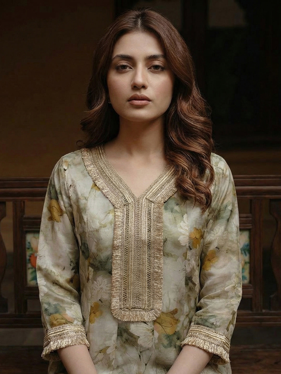 Sage Green Floral Print A-Line Kurta and Trouser Set