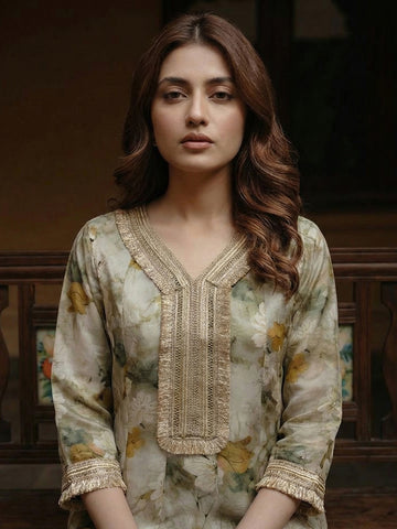 Sage Green Floral Print A-Line Kurta and Trouser Set