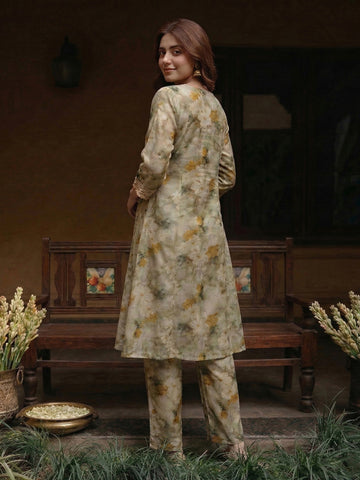 Sage Green Floral Print A-Line Kurta and Trouser Set