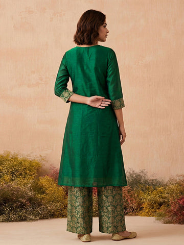 Emerald Green Woven Brocade Yoke Kurta and Palazzo Set