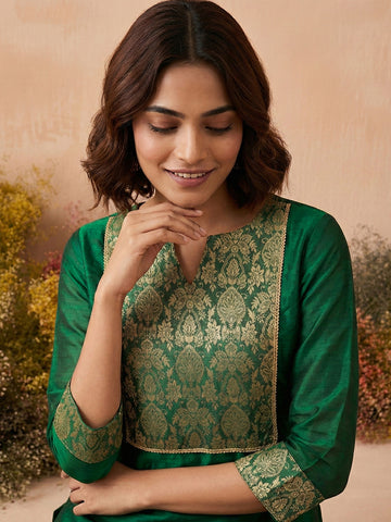 Emerald Green Woven Brocade Yoke Kurta and Palazzo Set