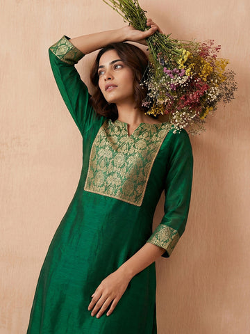 Emerald Green Woven Brocade Yoke Kurta and Palazzo Set