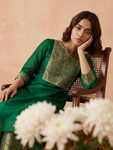 Emerald Green Woven Brocade Yoke Kurta and Palazzo Set