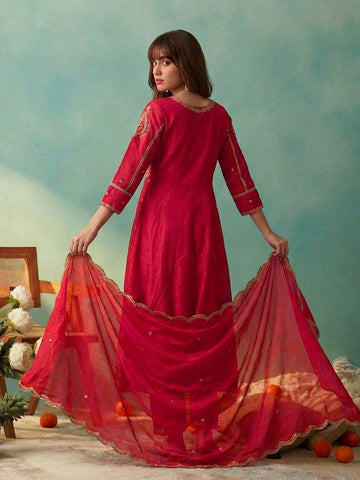 Elegant Crimson Red Embroidered Kurti, Paijama & Dupatta Set
