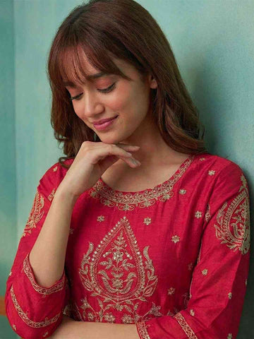 Elegant Crimson Red Embroidered Kurti, Paijama & Dupatta Set